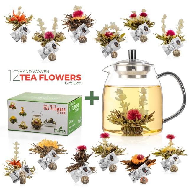 TEALYRA Glass Teapot + 12 Blooming Tea Gift Set